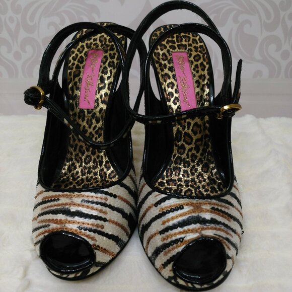 Betsey Johnson Zebra Stripe Black Gold Sequin Peep Toe Heels Size 5 ankle strap - Picture 5 of 11